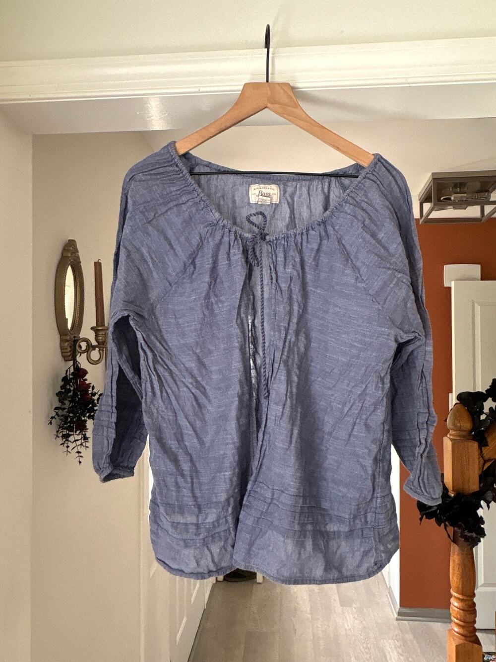 G.H. Bass Blue Gauze Tie Front Peasant Top Medium Long Sleeve Lightweight